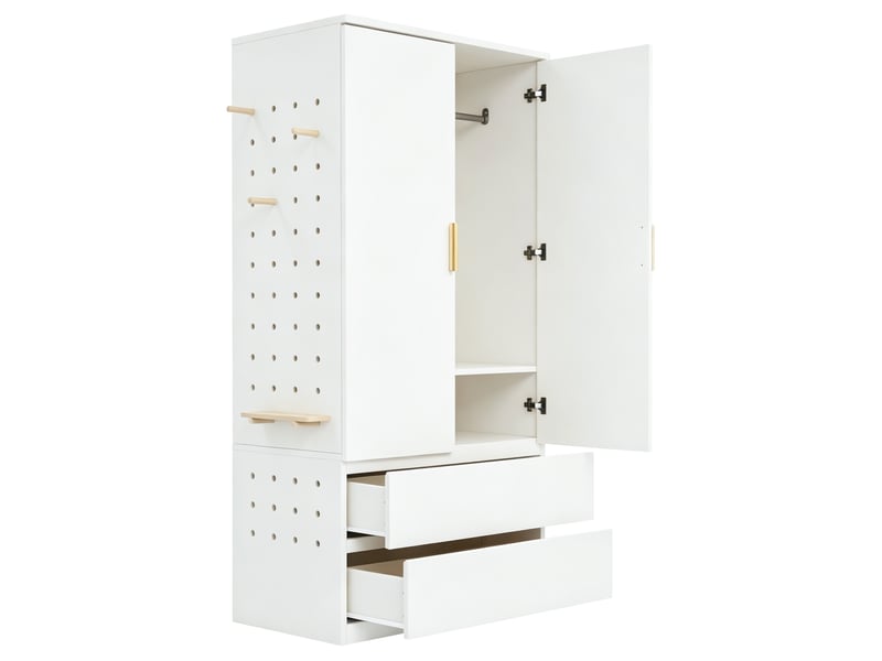 Armoire avec penderie, 2 tiroirs et rangements dissimulés, panneau perforé pour chambre, blanche, 70 × 50 × 170 cm - Conforama A