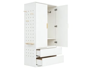 Armoire avec penderie, 2 tiroirs et rangements dissimulés, panneau perforé pour chambre, blanche, 70 × 50 × 170 cm