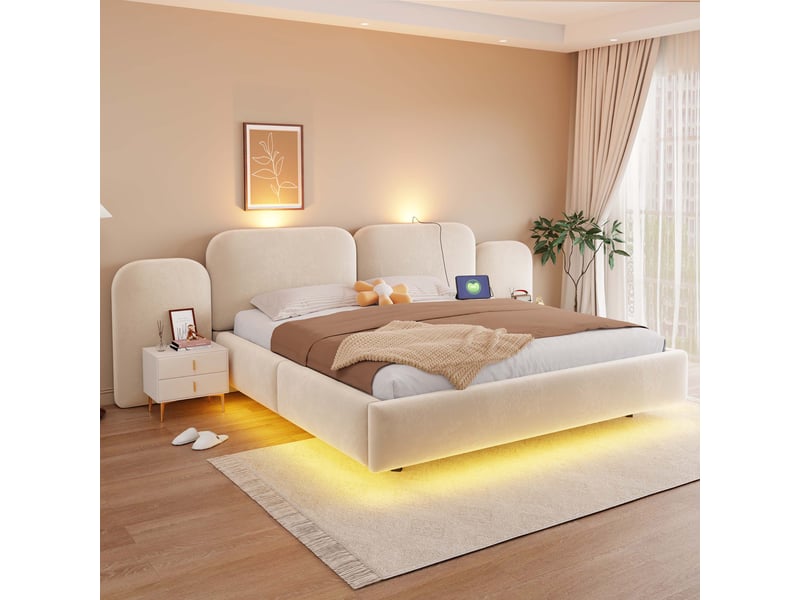  Lit double rembourré 180 × 200 cm en velours beige avec coffre hydraulique, éclairage led rgb, ports usb et type-c, tête de lit rembourrée et sommier à lattes  - Conforama D