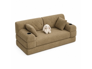 Canapé convertible 2 places 168.00×80.00×81.00 cm en velours côtelé avec 4 poches latérales et 2 porte-gobelets kaki chicfurn