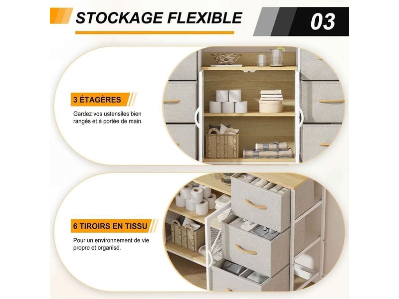  Meuble tv commode 120x30x75 cm six tiroirs tissu portes metal blanc et kaki  - Conforama C