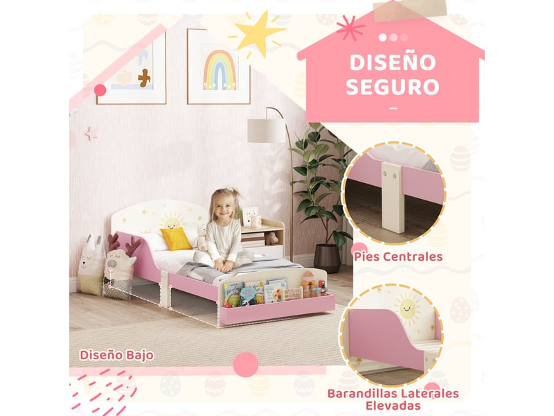  Lit enfant 70x140 cm rose avec rangement, lit de transition 3 à 8 ans en bois avec barrières  - Conforama R