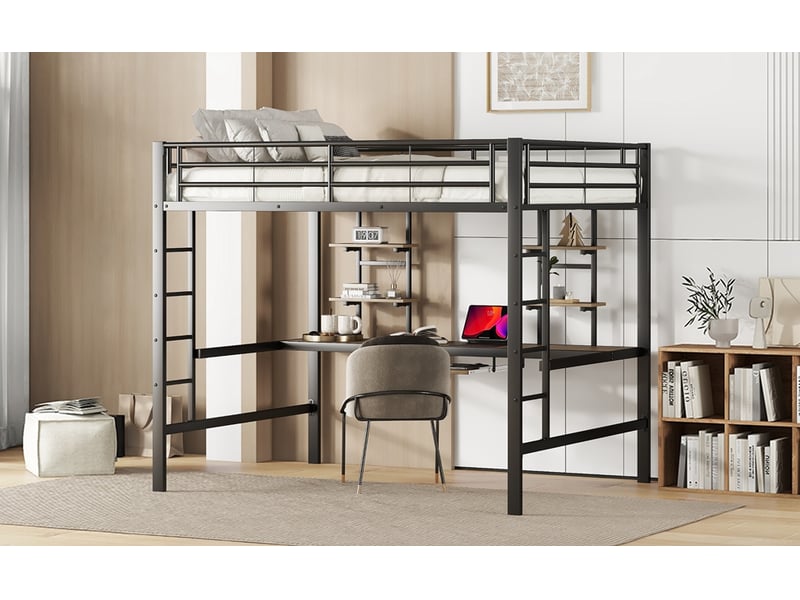  Lit mezzanine 140x200 en métal noir avec bureau intégré et 2 étagères – sans matelas  - Conforama C
