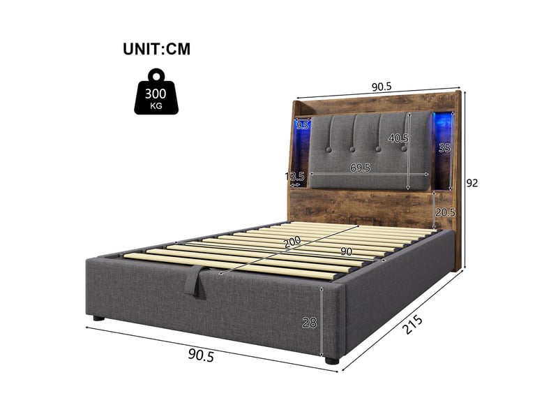  Lit rembourré gris 90x200 cm avec rangement, usb-c et led  - Conforama C