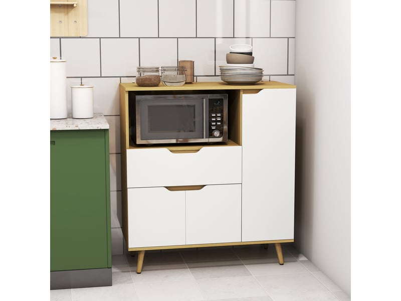 Meuble de rangement cuisine pour micro-ondes, 1 tiroir, 2 placards une étagère, bois et blanc, 90 x 40 x 98,5 cm - Conforama D