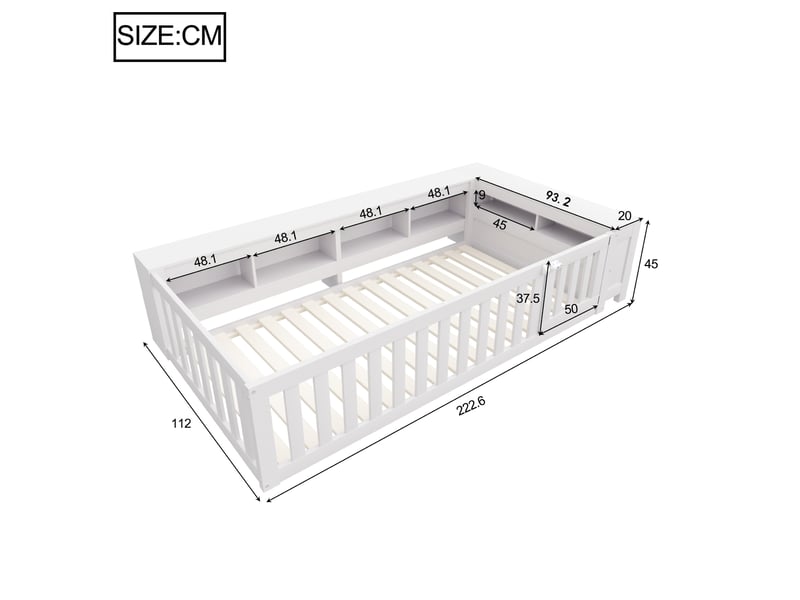  Lit enfant 90x200 cm avec rangements, barrières de sécurité et sommier blanc  - Conforama C