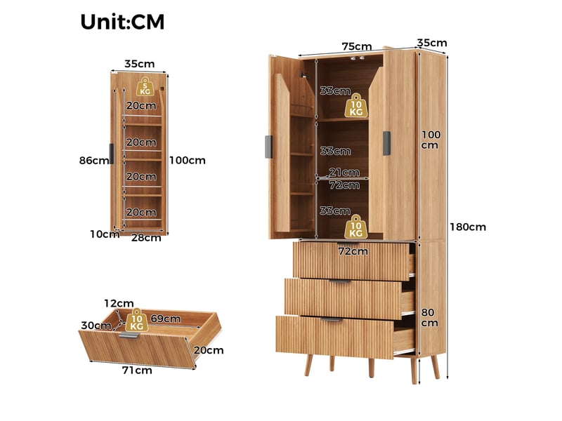  Buffet haut 75 x 35 x 180 cm – naturel – 2 portes, 3 tiroirs et rangement cuisine modulable et pratique  - Conforama C