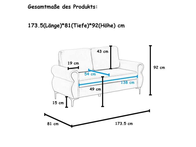  Canapé droit fixe 2 places noir en tissu, 173,5 cm, ressorts ensachés et mousse hr pour petits espaces  - Conforama C