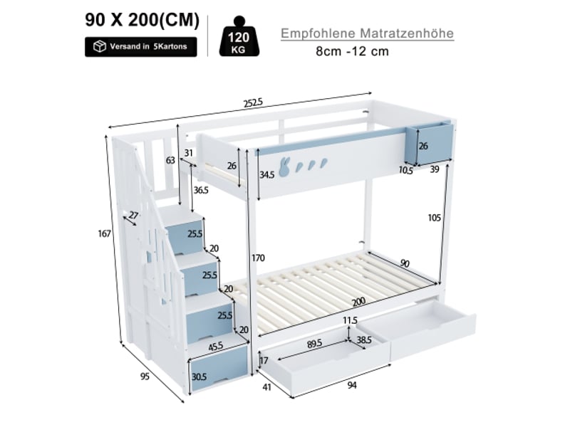  Lit superposé 90x200 cm, lit enfant avec rangement, escalier de rangement, 2 tiroirs, sommier à lattes, blanc et bleu, sans matelas  - Conforama C