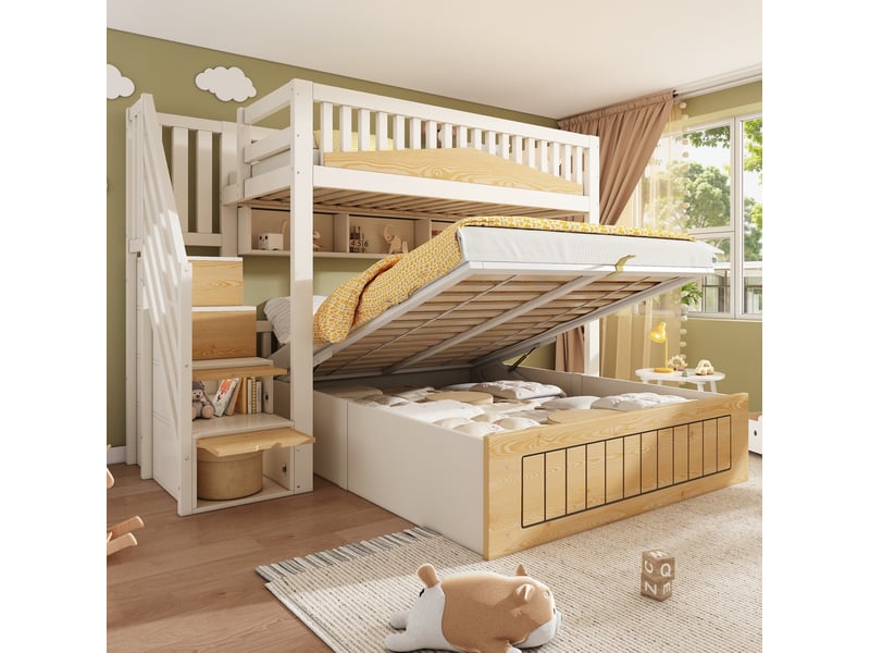  Lit superposé décalé 90x200140x200 rangement hydraulique, escalier, usb-c mdf, blanc naturel sans matelas  - Conforama B