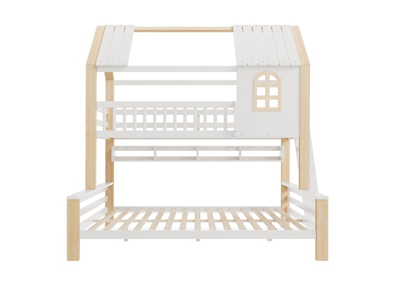  Lit superposé enfant 90x200140x200 cm, lit cabane avec barrières hautes, échelle et sommiers, blanc et naturel  - Conforama A