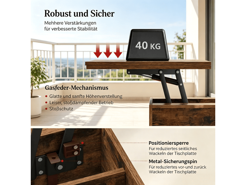  Table basse relevable à roulettes verrouillables - lpospi - plateau rabattable, rangement, bois et métal marron rustique  - Conforama E