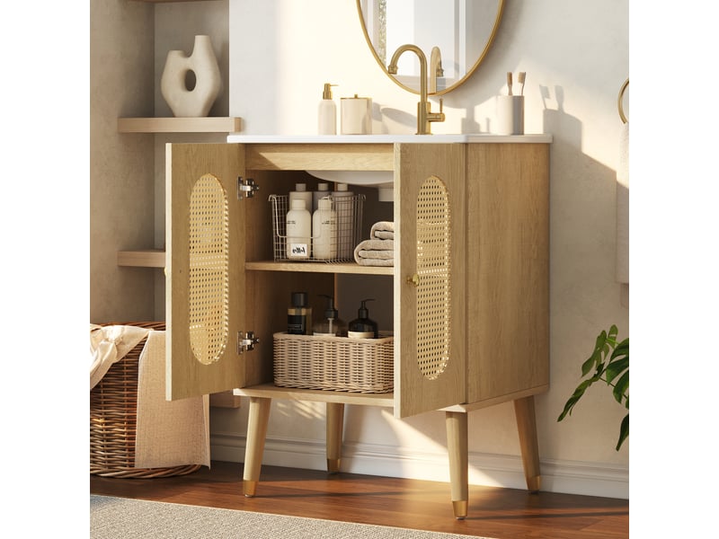 Meuble sous vasque avec 2 portes et 2 étagères fixes, vasque en céramique, salle de bain, 61×47×89 cm, bois naturel - Conforama B