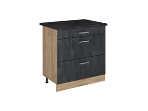 Vicco meuble cuisine, béton noirchêne doré, 80cm avec 3 tiroirs plan de travail anthracite