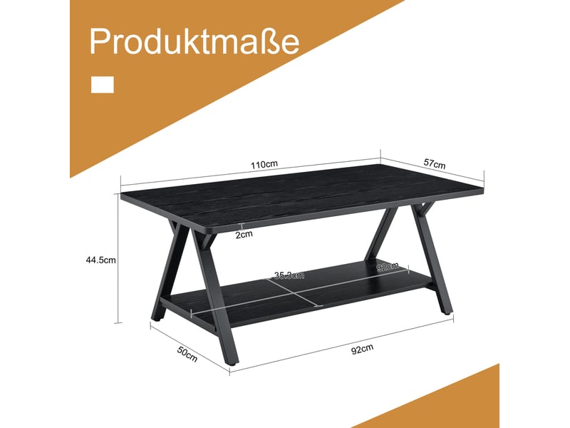  Table basse 110x57x44,5 cm, rangement double, style industriel, meuble d'appoint, espace salon, en mdf et métal, noir  - Conforama C