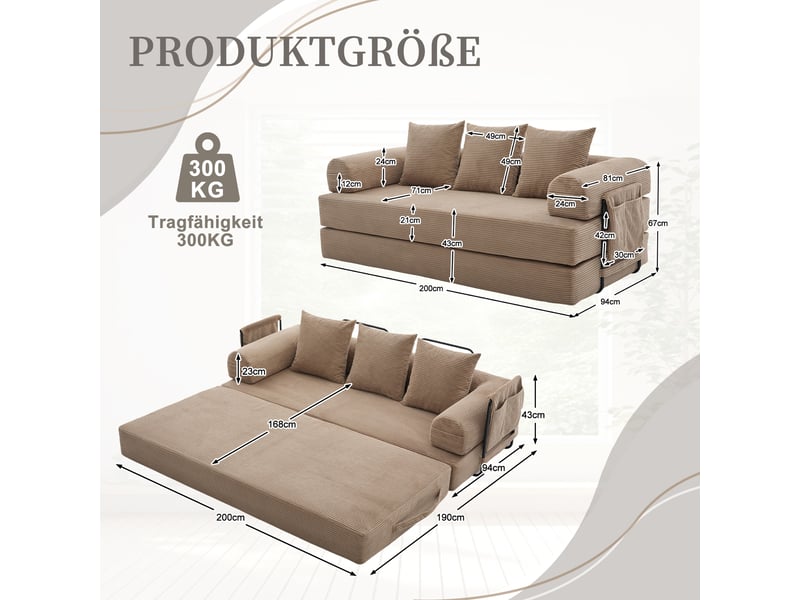Canapé convertible 3 places canapé au sol canapé modulable canapé compressé en velours côtelé avec cadre en métal, kaki - Conforama W