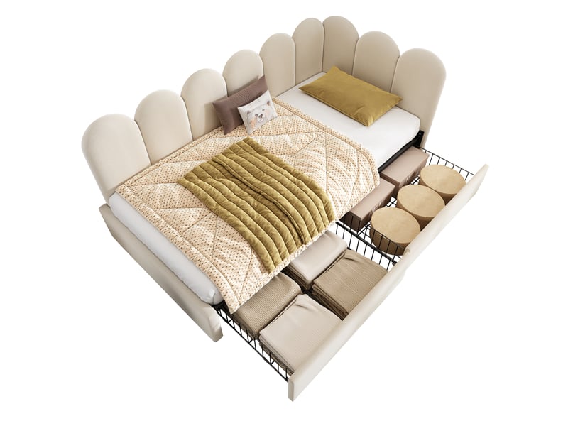 Lit banquette 90x200 cm lit simple avec 2 tiroirs, côtés réversibles, sommier à lattes, velours beige Seren Glow - Conforama A