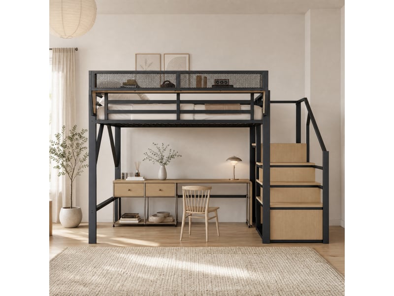  Lit mezzanine 140x200 cm avec échelle sécurisée et rangement modulable noir  - Conforama B