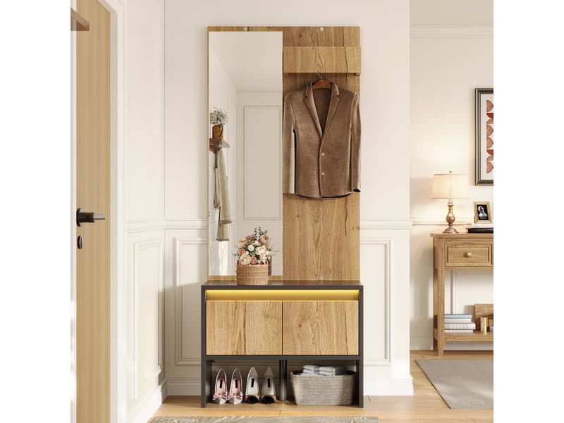 Vestiaire d'entrée avec banc à chaussures, miroir et 2 tiroirs, meuble d'entrée noir et bois 60x38x145 cm - Conforama E