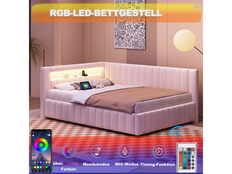  Canapé-lit rembourré 140x200 avec éclairage led et prise usb, lit de jour avec sommier à lattes et tête de lit, tissu velours, beige  - Conforama B