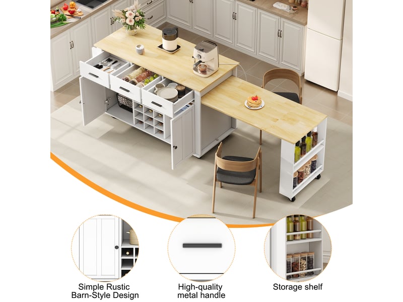  Îlot de cuisine mobile avec plan de travail extensible et prises usb - lpospi - mdf blanc et chêne naturel 136×50×93 cm  - Conforama E