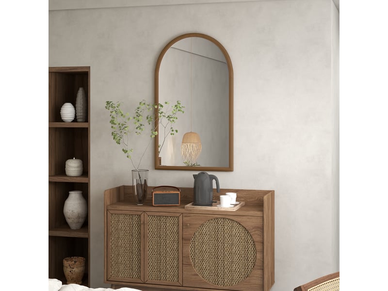  Miroir mural arche, 110 x 65 cm cadre en bois, miroir arqué pour le salon, la chambre, l'entrée, brun foncé  - Conforama B