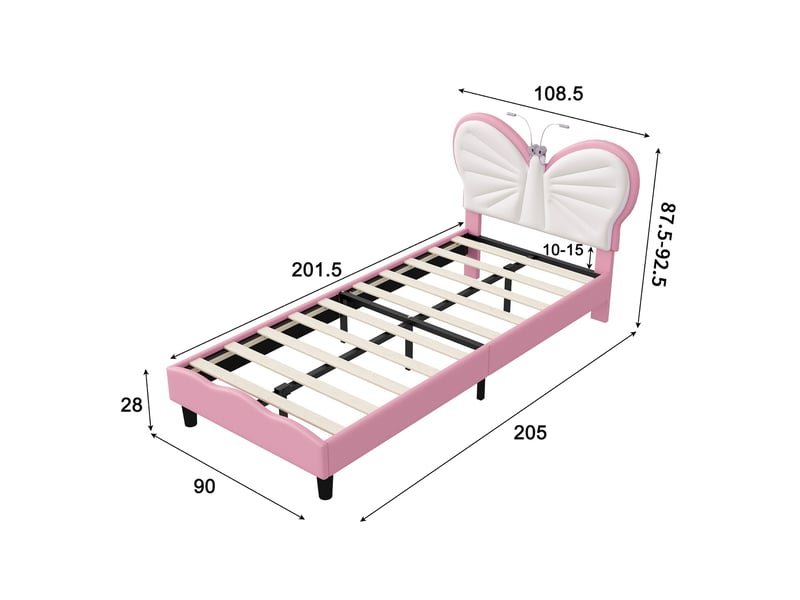  Lit enfant 90x200 cm, lit simple rembourré avec tête de lit papillon réglable et led, lit princesse en rose  - Conforama E