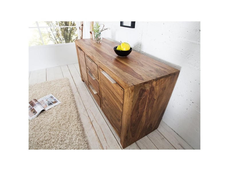 Buffet tavina 135 cm en sheesham massif verni – 2 portes, 3 tiroirs et 4 niches intérieures - Conforama D