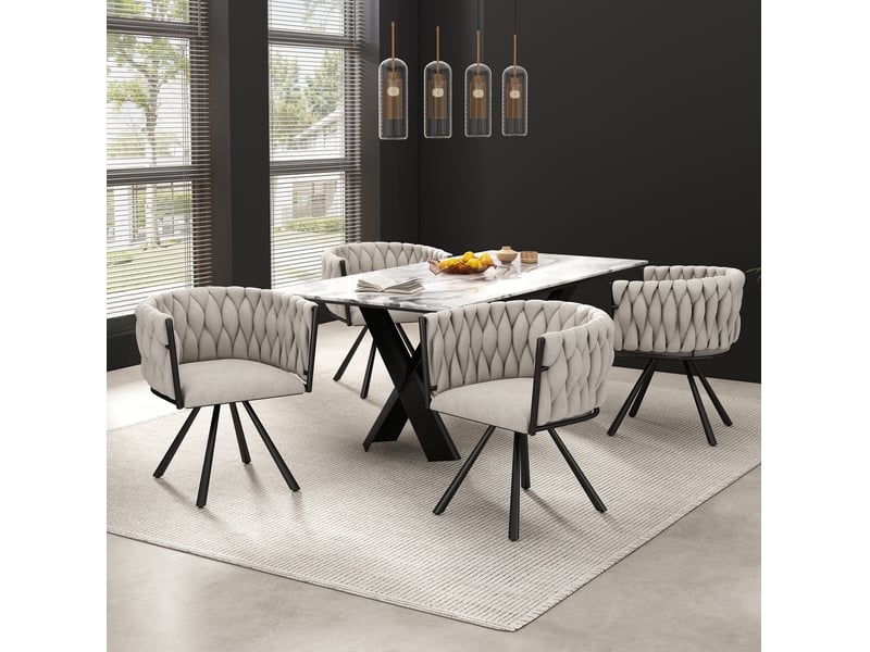 Chaise de salle à manger lot de 4 pivotante à 360° avec dossier ergonomique, en lin beige et métal noir - Conforama B