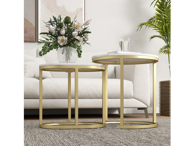  Tables basses gigognes 2 pièces avec plateaux en mdf, cadre acier et pieds réglables, blanches, pour salon et chambre  - Conforama D