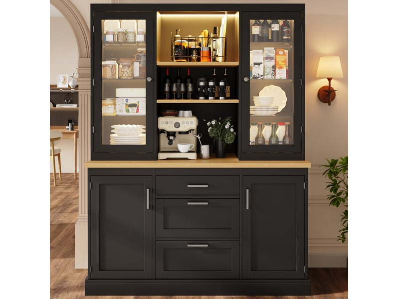  Buffet de cuisine 140x40x185 cm, led rgb pilotage app, 3 tiroirs, portes vitrées, étagères réglables, mdf métal, noir  - Conforama B