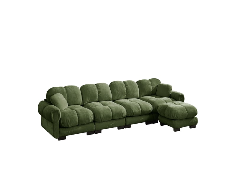 Canapé d'angle fixe 4 places en tissu vert avec ottomane mobile, design matelassé pour le salon - Conforama A