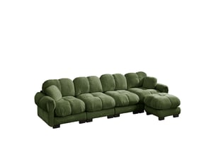 Canapé d'angle fixe 4 places en tissu vert avec ottomane mobile, design matelassé pour le salon
