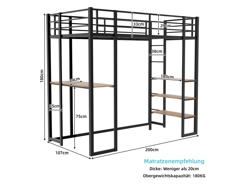  Lit mezzanine 90x190cm, bureau en l, 2 échelles, lit ado - avec échelle - lit simple - gardecorps sécurité - noir  - Conforama C