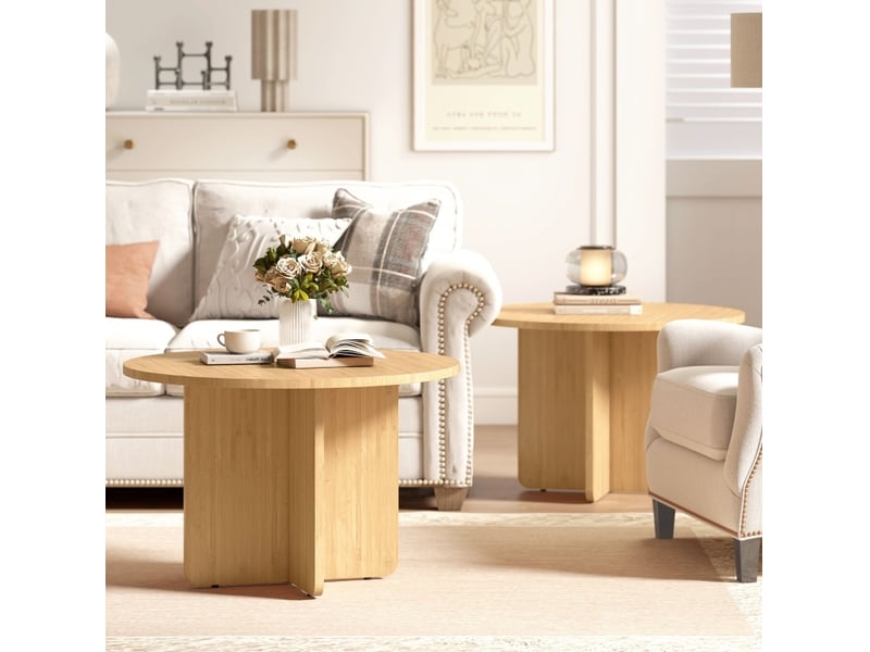  Table basse ronde en bambou avec piètement croisé réglable et plateau stable pour salon coloris naturel 66 × 66 × 45 cm  - Conforama E