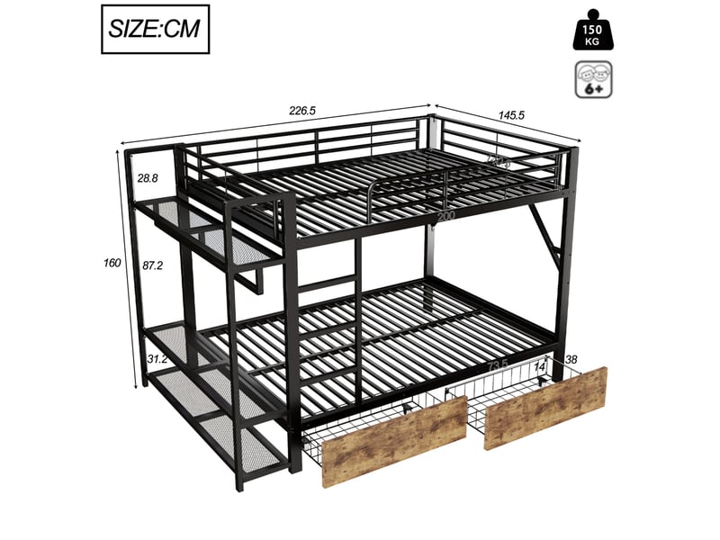  Lit superposé 140 x 200 cm en métal et mdf, led, 2 tiroirs, étagères, noir  - Conforama C