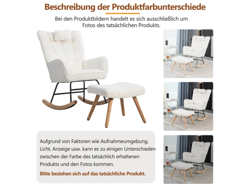Fauteuil à bascule ergonomique blanc 92 cm avec repose-pieds, cadre en bois d'hévéa, blanc - Conforama E