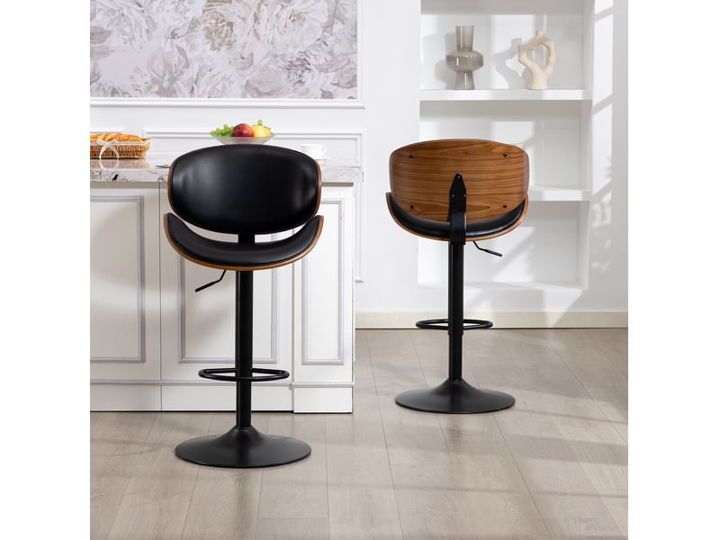  Tabouret de bar pivotant et réglable en hauteur avec dossier ergonomique et repose-pieds, en pu noir  - Conforama C