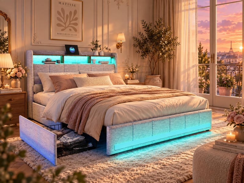  Lit avec rangement 140x190 cm en cuir pu avec led, prises usb et sommier à lattes – matelas non inclus  - Conforama B
