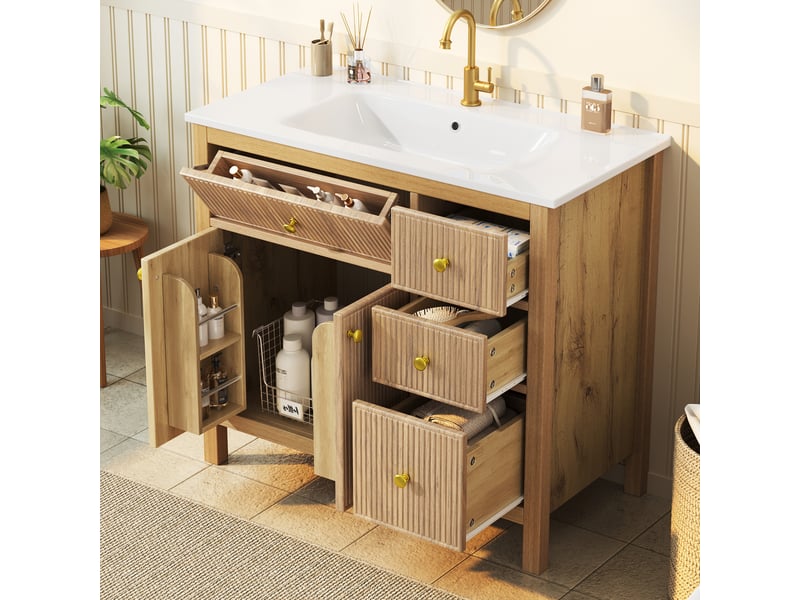 Meublede salle de bain 91 cm avec vasque céramique,91 x 48 x 88 cm,bois naturel mdf et bois massif,texture ondulée,fermeture amortie - Conforama B