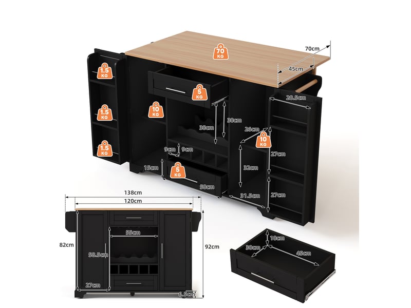  Îlot de cuisine 138x45(70)x92 cm à plateau extensible, rangement bouteilles, pour la cuisine, en mdf, noir et naturel  - Conforama C