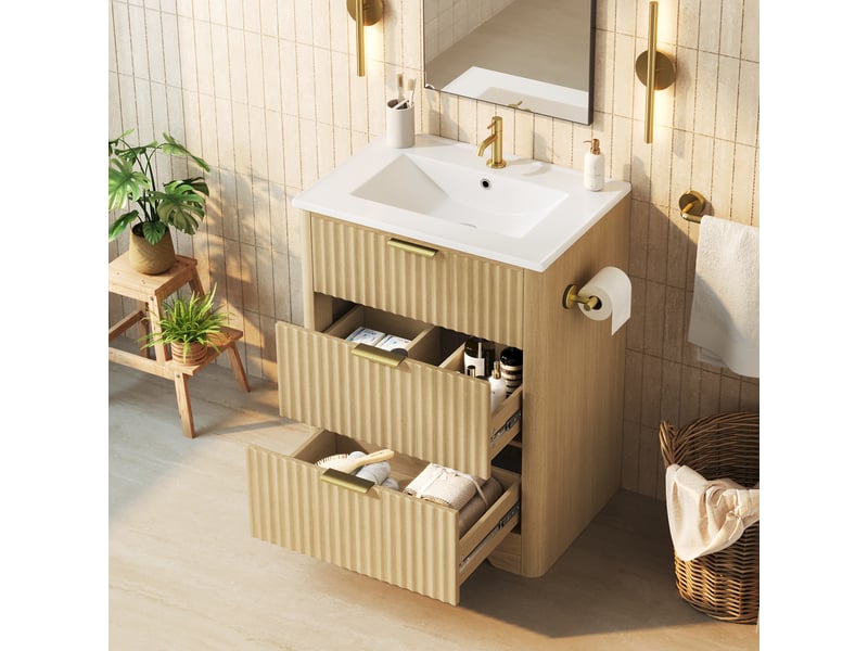  Meuble sous vasque 61 cm aspect bois sur pied avec vasque céramique, tiroirs et porte-papier  - Conforama W