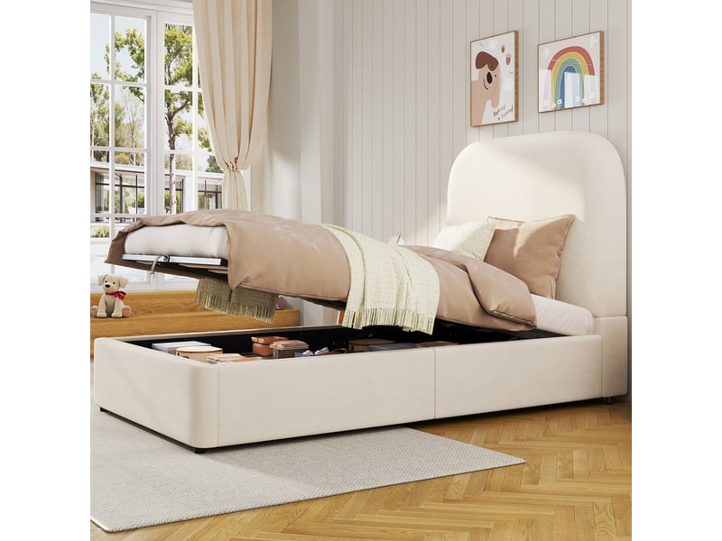 Lit coffre enfant 90x190cm - avec tête de lit rembourrée - avec espace de rangement - tissu bouclé - beige (matelas non inclus) - Conforama D