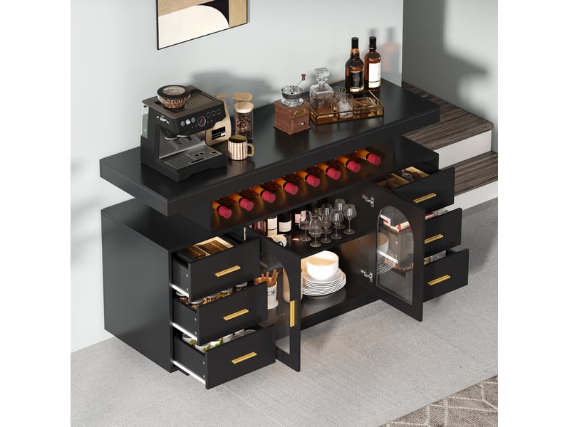  Buffet bar 140x40x82 cm noir en mdf, led, 6 tiroirs, 2 portes vitrées et rangement pour verres  - Conforama B