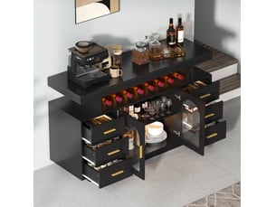 Buffet bar 140x40x82 cm noir en mdf, led, 6 tiroirs, 2 portes vitrées et rangement pour verres