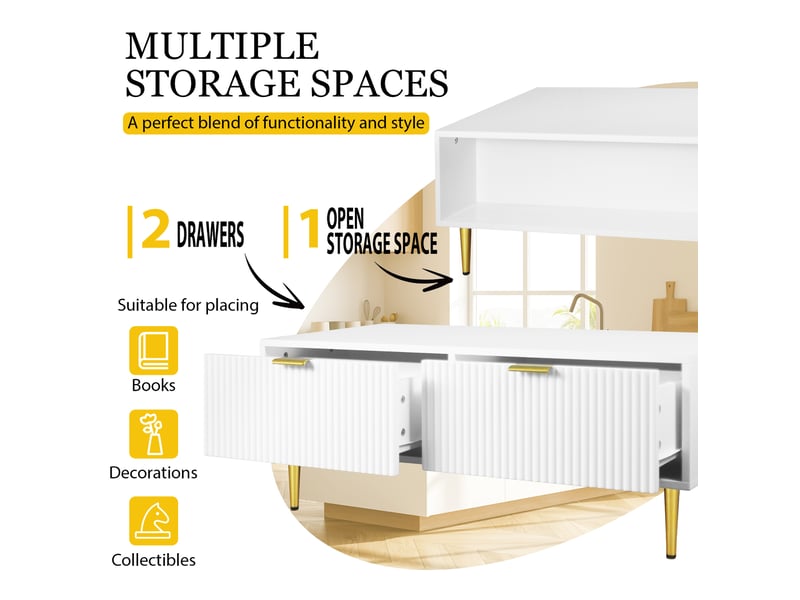  Table basse rectangulaire 100x50x40 cm avec rangement, tiroirs, pied en métal, table de salon, pour salon, mdf, blanc  - Conforama D