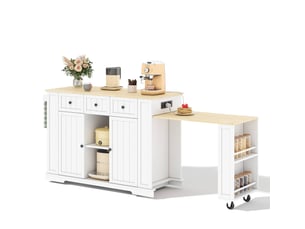Desserte de cuisine avec table extensible, 2 portes, 2 tiroirs, prises et ports usb pour les repas, blanc naturel