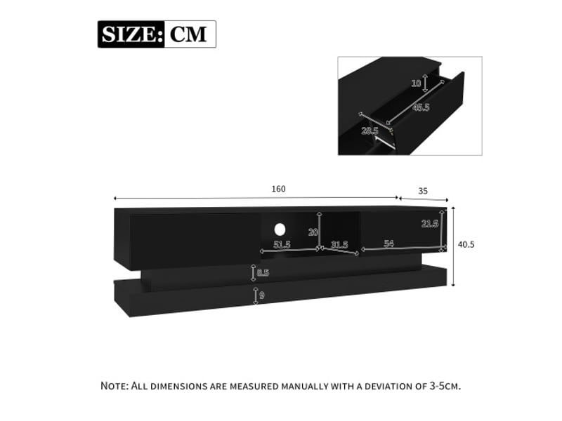  Meuble tv noir brillant 160x35x40,5 cm avec led, 2 tiroirs, contrôle via app, anti-basculement, compatible 60 pouces  - Conforama C