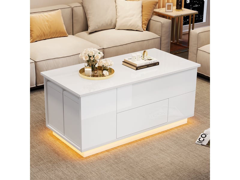  Table basse relevable blanche brillante avec led, 2 poufs et rangement caché, 100x50x45cm  - Conforama D