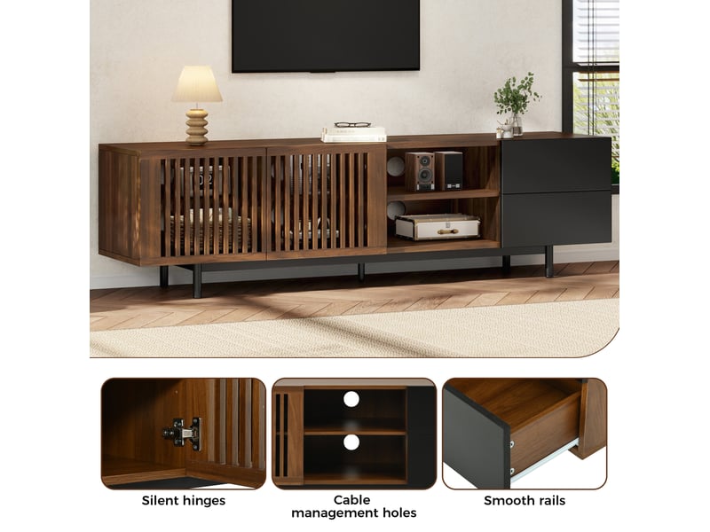  Meuble tv 160x38x50 cm – noir et couleur bois – 2 tiroirs, rangements ouverts et portes à lamelles  - Conforama E